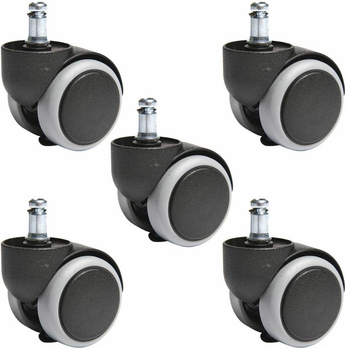 Bureaustoelwielen voor harde vloeren - Set van 5, 10 mm stiftgrootte, 50 mm diameter, zwart