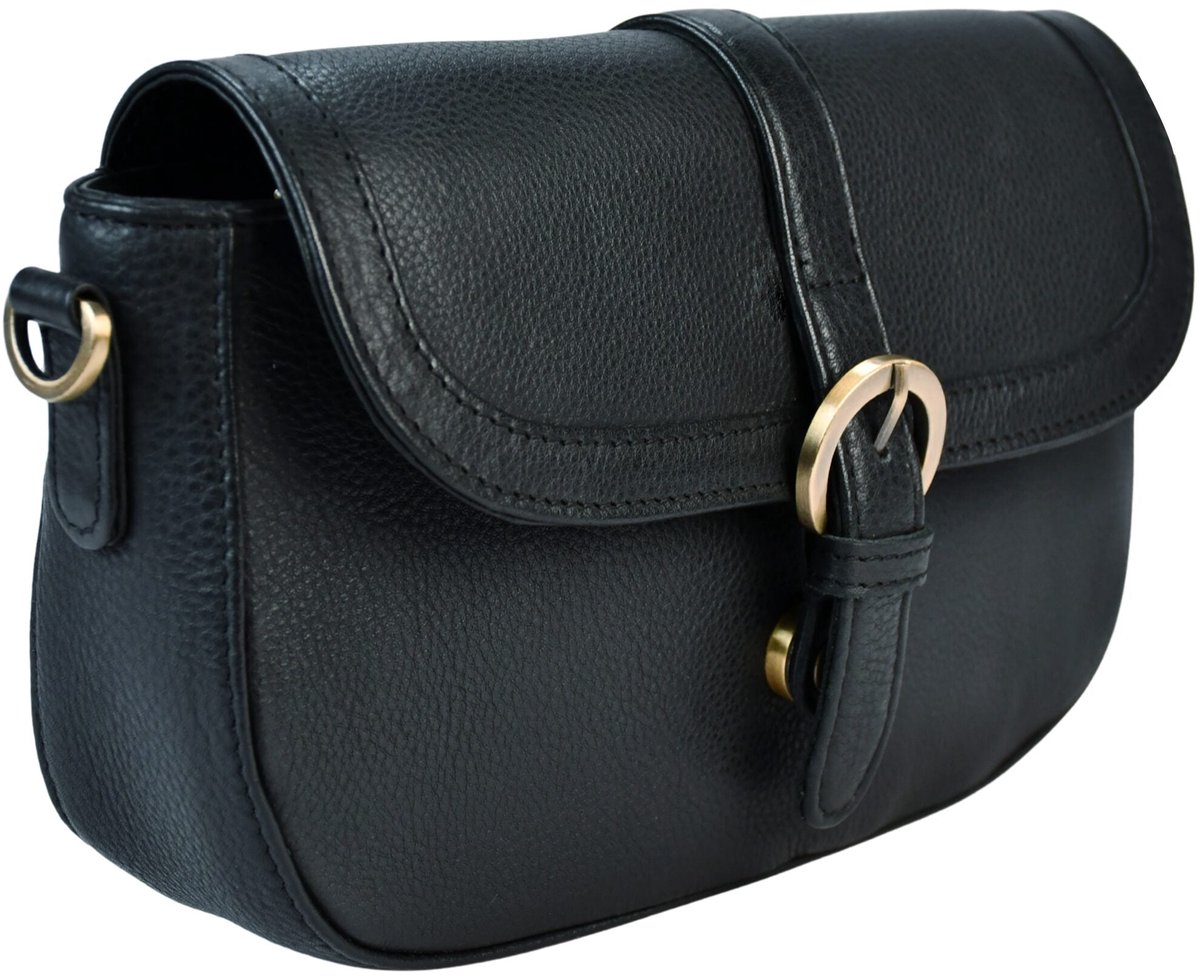 Beocca Maia Leren Schoudertas Dames - Crossbodytas van Plantaardig Gelooid Leer - Handgemaakt - Compact - YKK Rits - Gouden Details - Duurzaam - Zwart