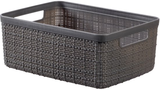 Panier de rangement gris foncé avec poignées, texture tissée.