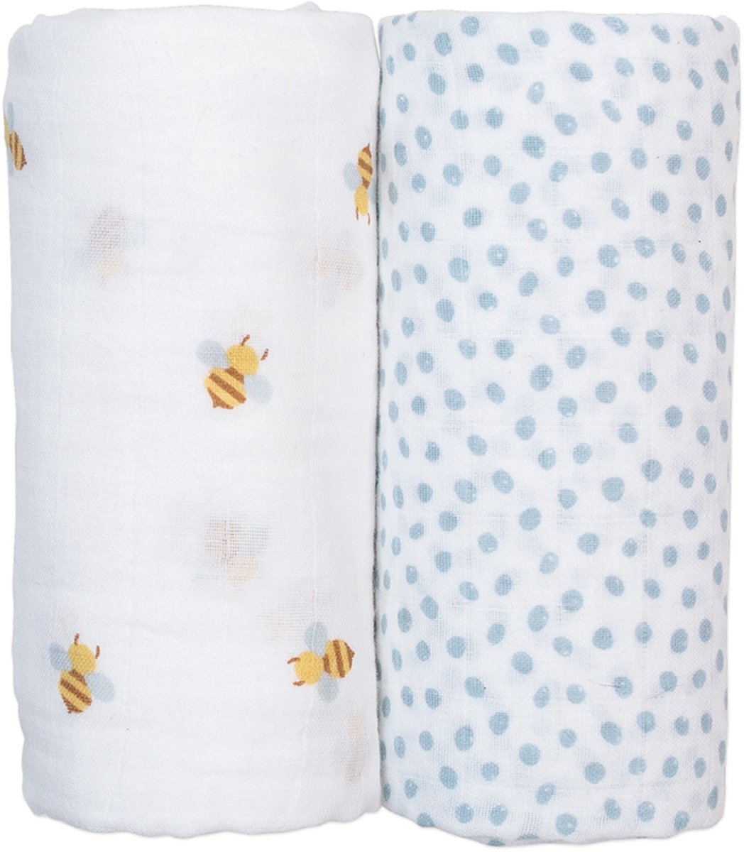 Lulujo - Hydrofiele Doek - Swaddle - Katoen - 100x100 cm - 2-pack - Bees & Dots - Kraamcadeaus - Babydekens - Babycadeaus - Tetradoeken - Zwangerschapscadeau