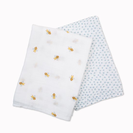Lulujo - Hydrofiele Doek - Swaddle - Katoen - 100x100 cm - 2-pack - Bees & Dots - Kraamcadeaus - Babydekens - Babycadeaus - Tetradoeken - Zwangerschapscadeau van Merkloos — afbeelding 2