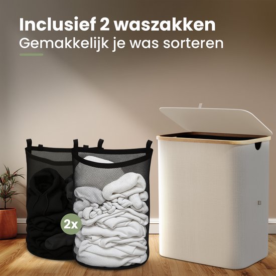 Beige wasmand met deksel, inclusief 2 uitneembare waszakken voor het sorteren van was