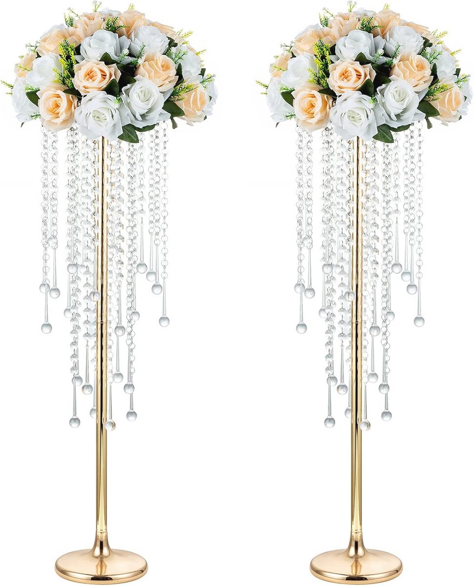 Elegante Gouden Vazen voor Bruiloften - 75cm Hoge Crystal Bloemsteunen - 2 Stuks