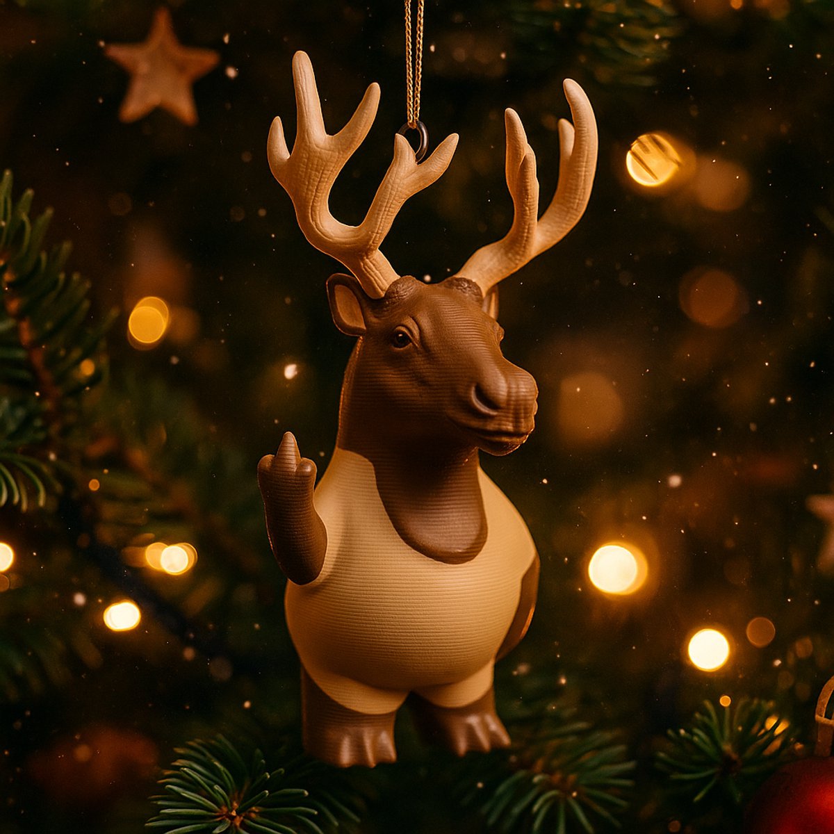 AnimalsAttitude – Middelgrote Hert Kersthanger met Middelvinger – 3D-geprint PLA Beeldje – Humoristische Kerst Decoratie