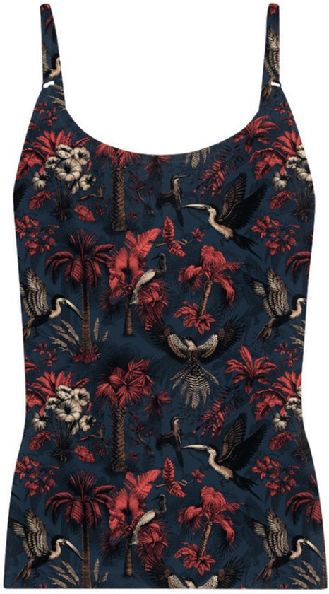 Donkerblauw hemd met tropische print van palmbomen, bloemen en vogels in rood en crème.