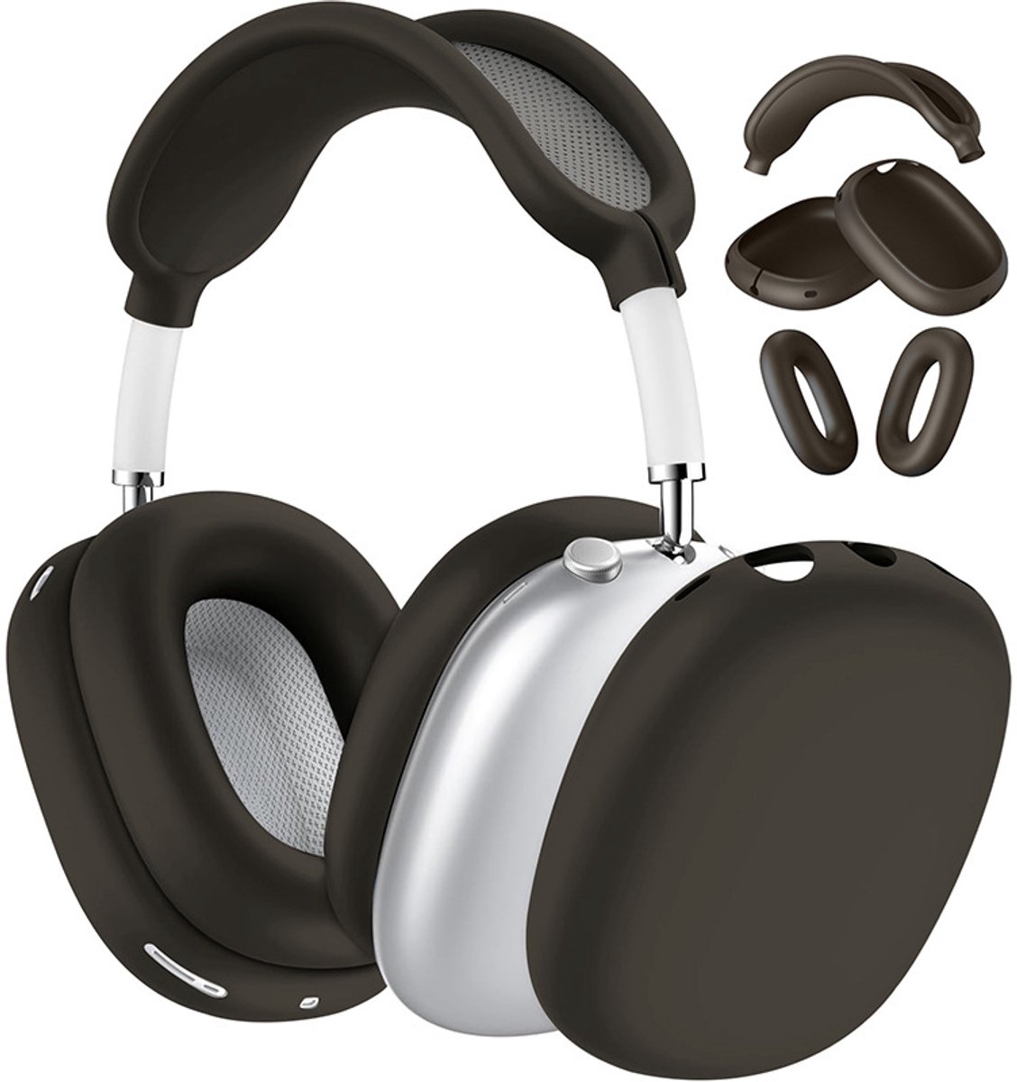 3-in-1 siliconen beschermhoes geschikt voor AirPods Max oordopjes - Krassenwerende oorkussens - Oorwarmers - Hoofdband - Silicone beschermhoes - Zwart - Driestuks set