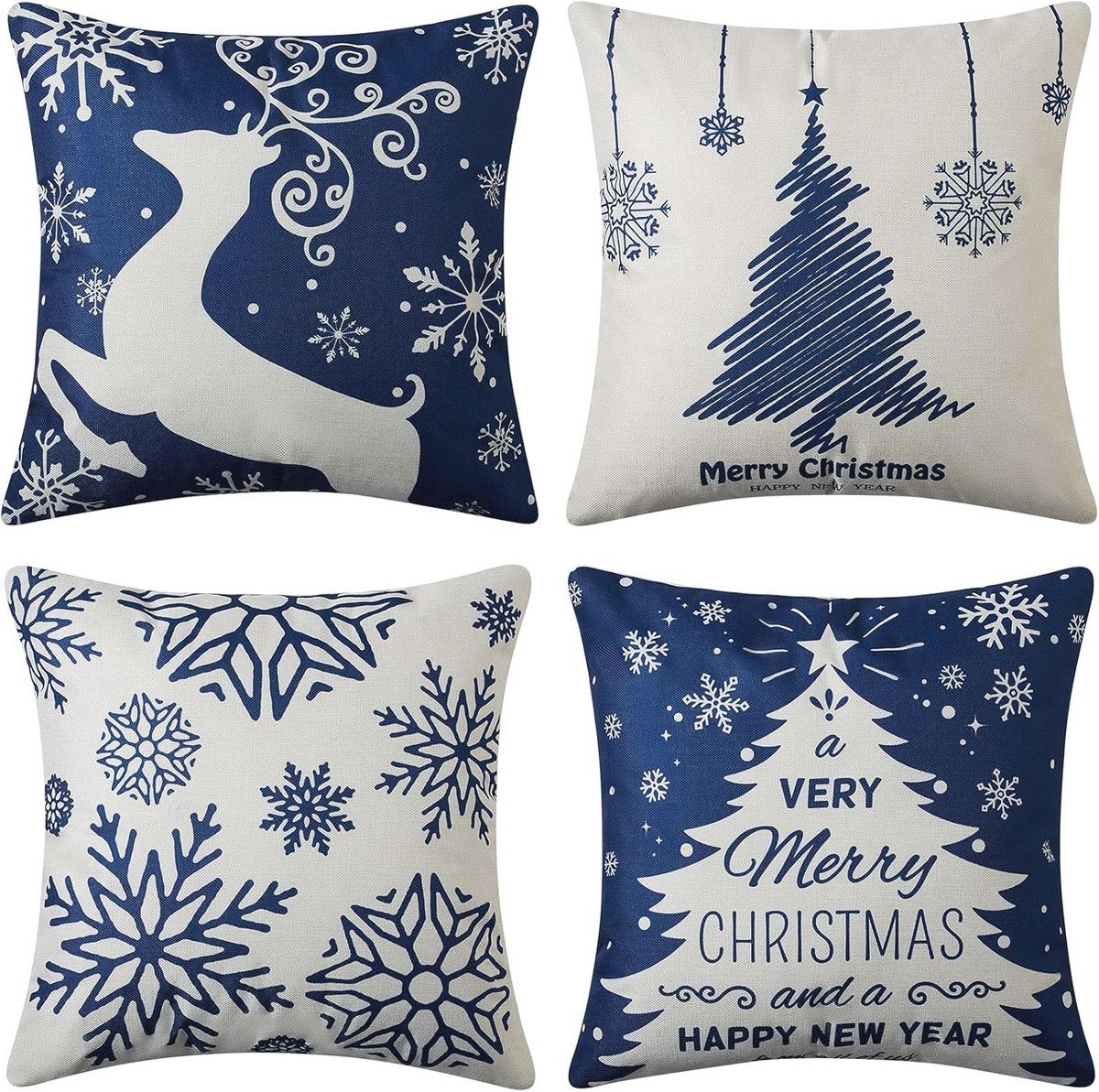 Kerstversiering Kussenhoezen 18x18 Set van 4 - Boerderij Decoratie voor Thuis met Herten en Sneeuwvlokken