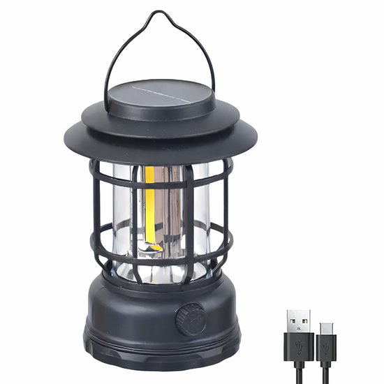 AnyPrice® Solar Campinglamp & Noodlamp – Oplaadbare LED Stormlamp – Draagbare Outdoor Lantaarn voor Kamperen, Tuin & Stroomuitval – Lamp– Zwart