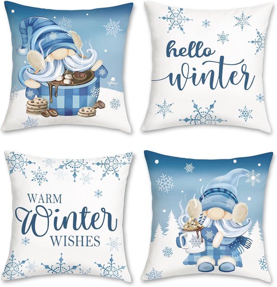 Taies d'Oreiller Hivernales 45x45 cm avec Gnomes Bleus et Flocons de Neige - Ensemble de 4