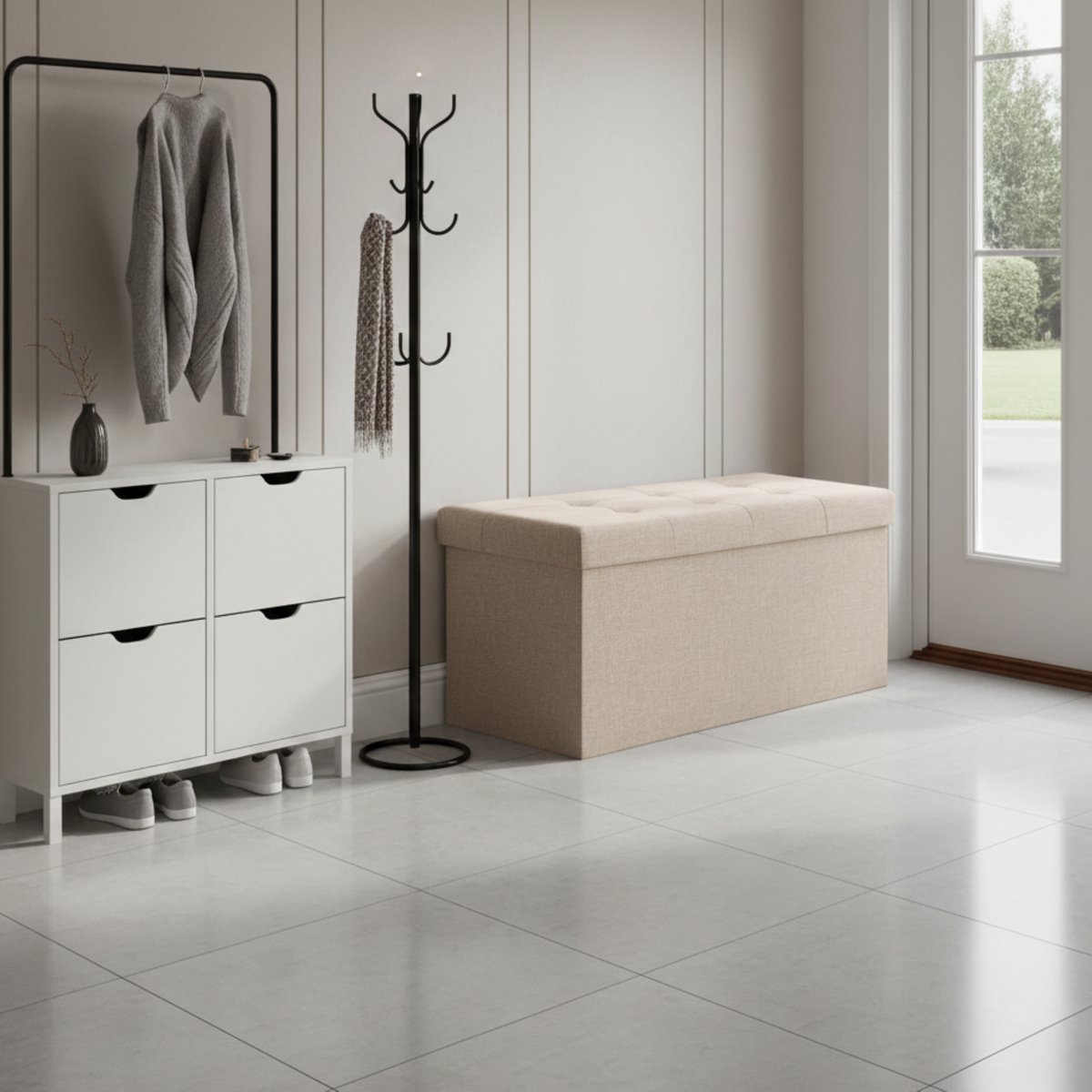 Opvouwbare Opbergkist & Voetenbank met Zitting – 76x38x38 cm – Linnen Beige – 300 kg Draagkracht – Met Opbergruimte 80L – Multifunctionele Hocker & Zitbank – Altameubel Luxe Storage Ottoman
