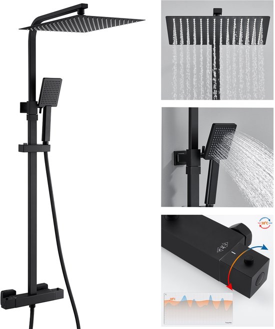 Auralum max Regendouche met Thermostaatkraan - Doucheset Zwart - Regendoucheset - Zwart Douchekolom met Thermostatische Mengkraan - 12 inch Douchekop