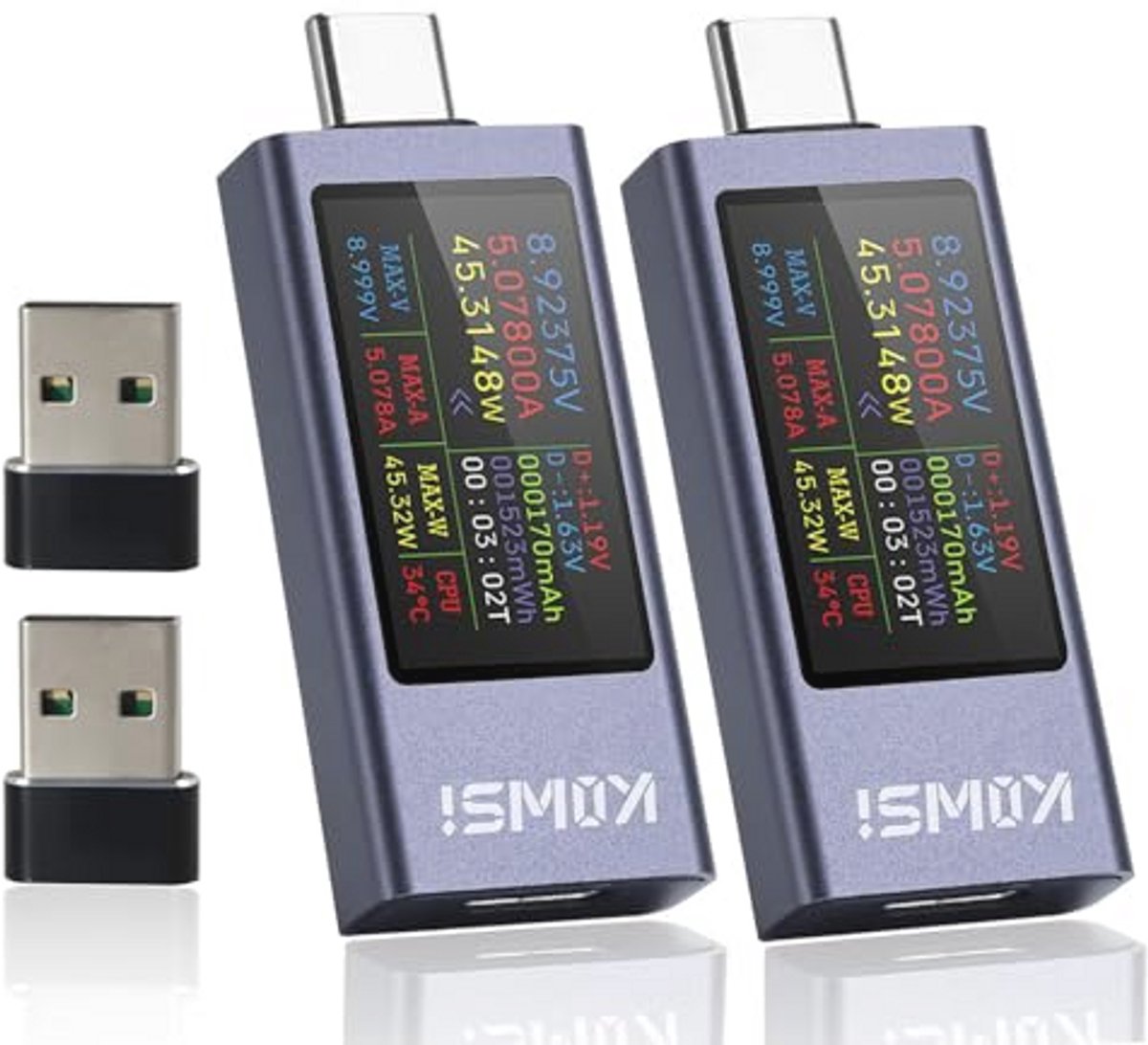 2-in-1 USB Meter met Type C-Adapter - Stroom- en Vermogensmeter voor Kabeltesten