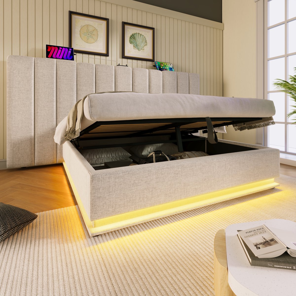 MODFU Beige linnen gestoffeerd tweepersoonsbed 180x200 met USB-C, LED en opbergruimte, lattenbodem, zonder matras