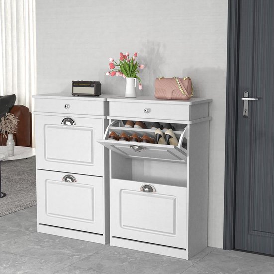 Set Van 2 Smalle Schoenenkasten Met Klapdeuren Compacte Halmeubel set-van-2-smalle-schoenenkasten-met-klapdeuren-compacte-halmeubel