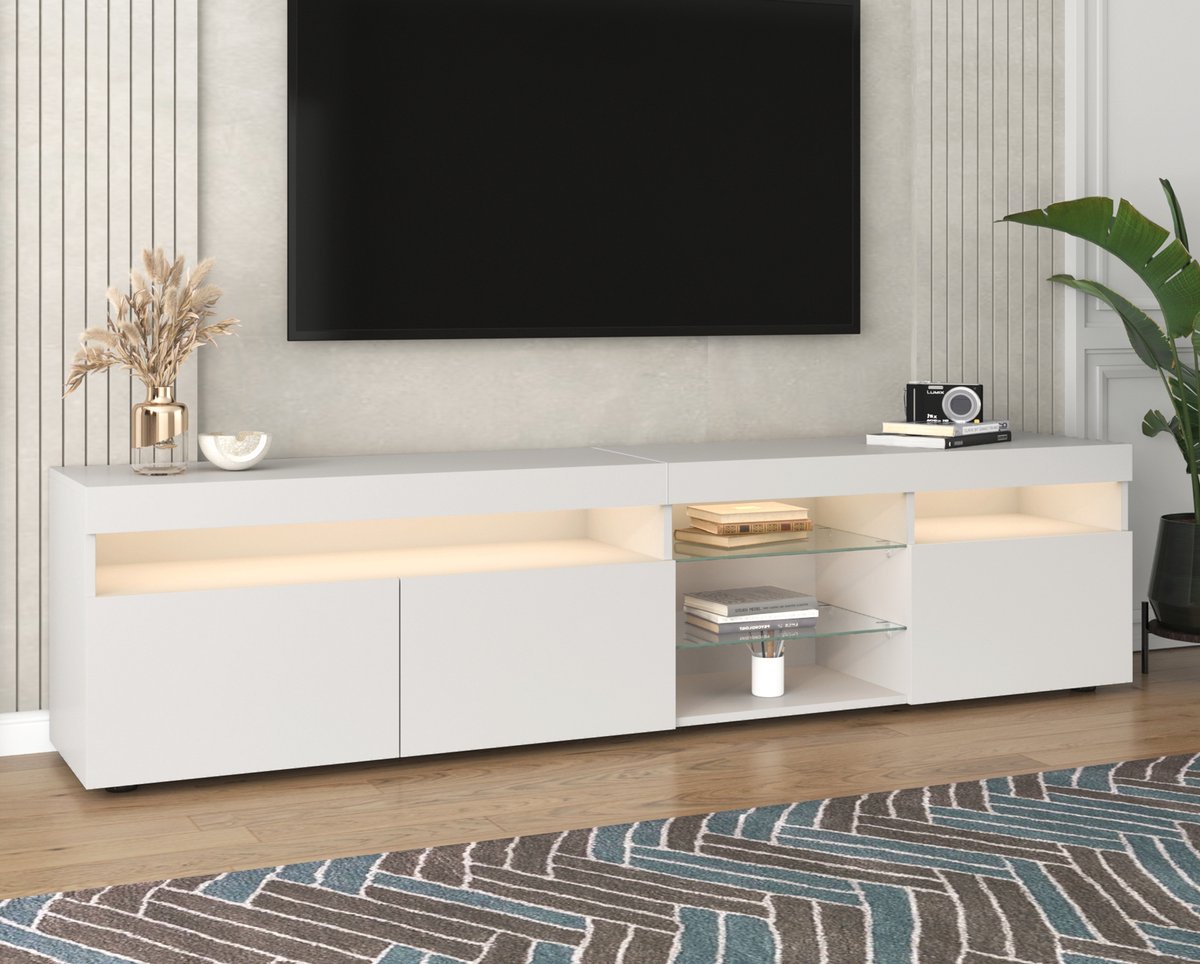 Wishdor Tv-Meubel - Hoogglans Afwerking - Variabele Ledverlichting - MDF - Wit - 180 X 35 X 48 Cm