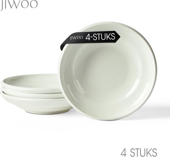 Set van 4 witte JIWOO diepe borden met een zwart label 'JIWOO 4-STUKS'.