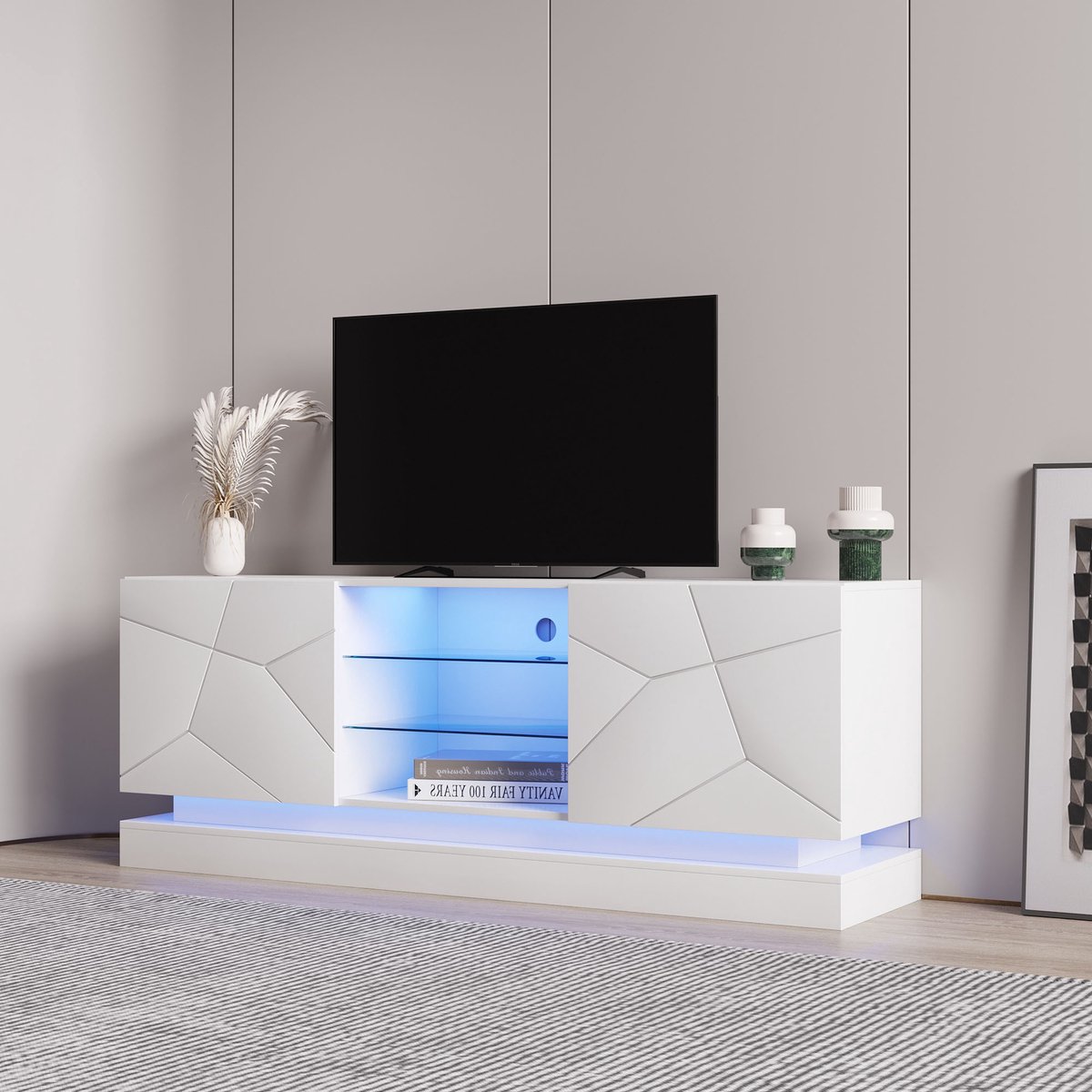 REDOM TV-meubel 160x38.5x60 cm van spaanplaat, wit, met verstelbare glasplank en stille sc