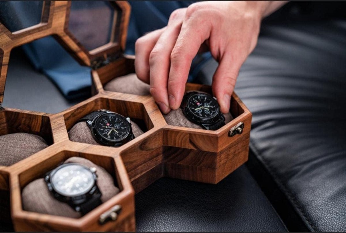 Luxe Houten Horlogedoos voor 5 Horloges, Handgemaakt Palisander Display met Glazen Deksel
