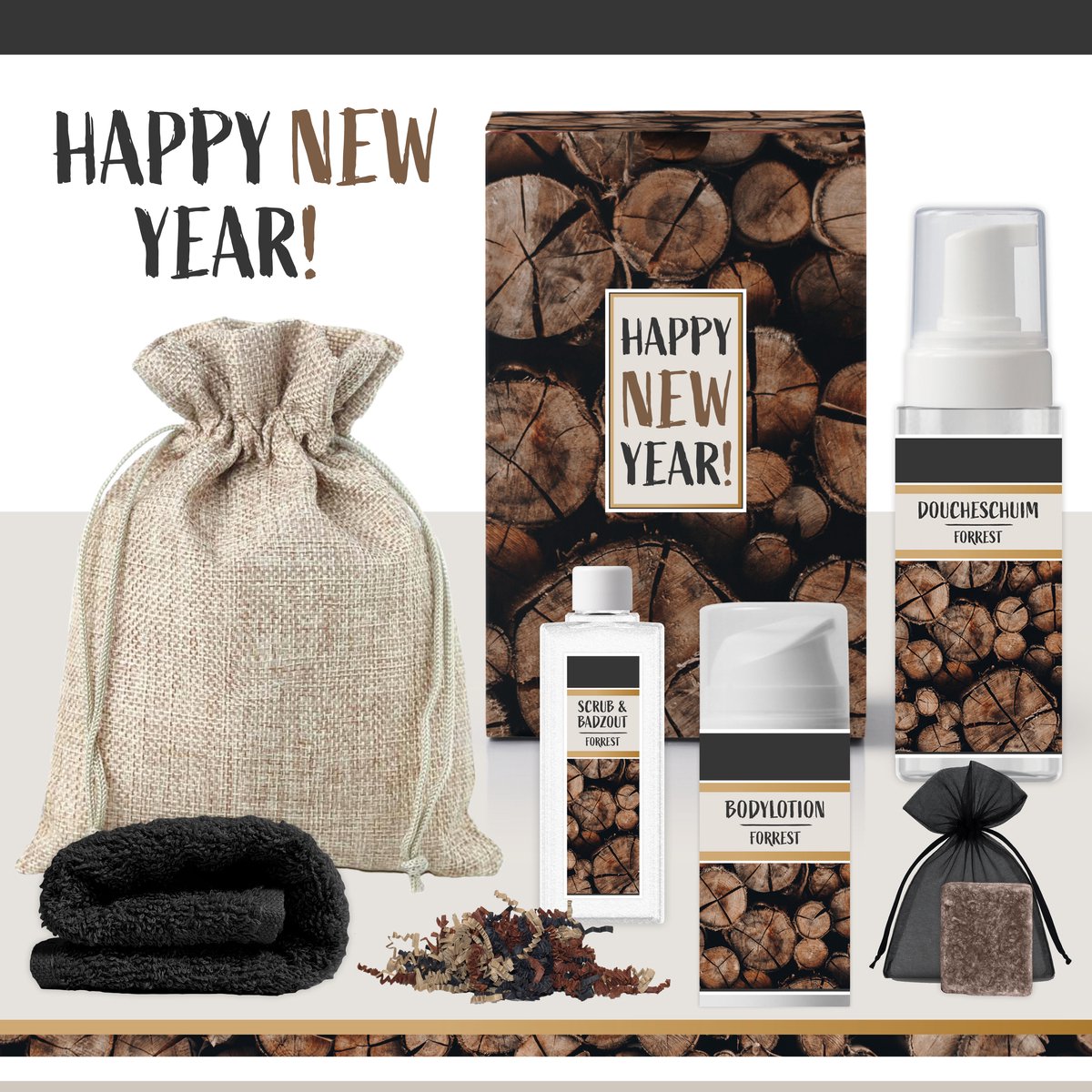 Geschenkset "Happy New Year" - 6 Producten - 540 gram - Triomf Cosmetica | Luxe cadeauset voor hem haar Wellness Kerstpakket Cadeau Gelukkig Nieuwjaar Feestje Jaar 2025 Eindejaarsgeschenk man vrouw fijne Jaarwisseling Giftset Oud Nieuw Forrest Bruin