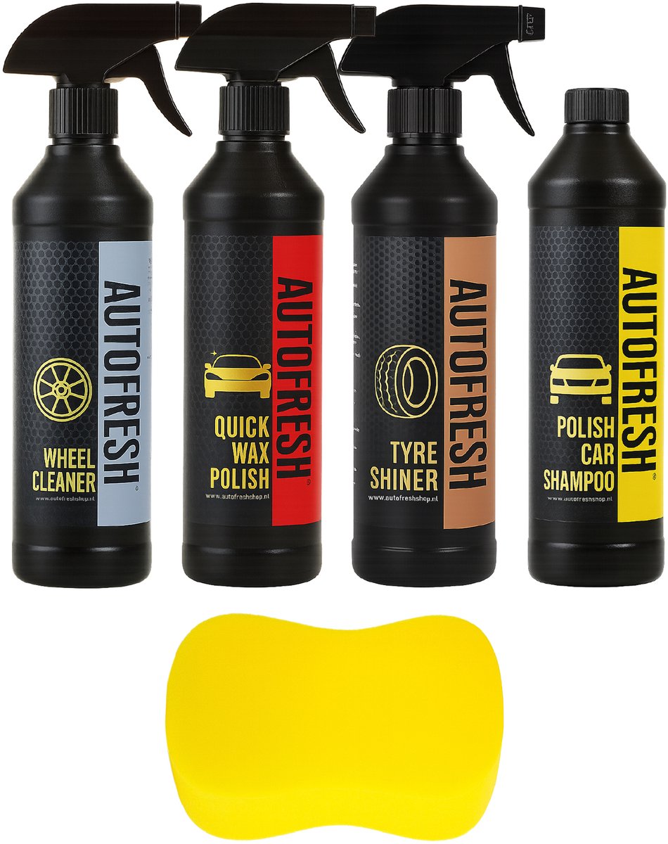 AutoFresh- Exterior Detailing Set (5 stuks)- Auto Was Set-Deatiling Set - Snel Wax Polish 500 ml, Auto Shampoo 500ml,Banden- en Bumper Glasbeschermer – 500ml,Velgenreiniger – 500ml,Autowasspon