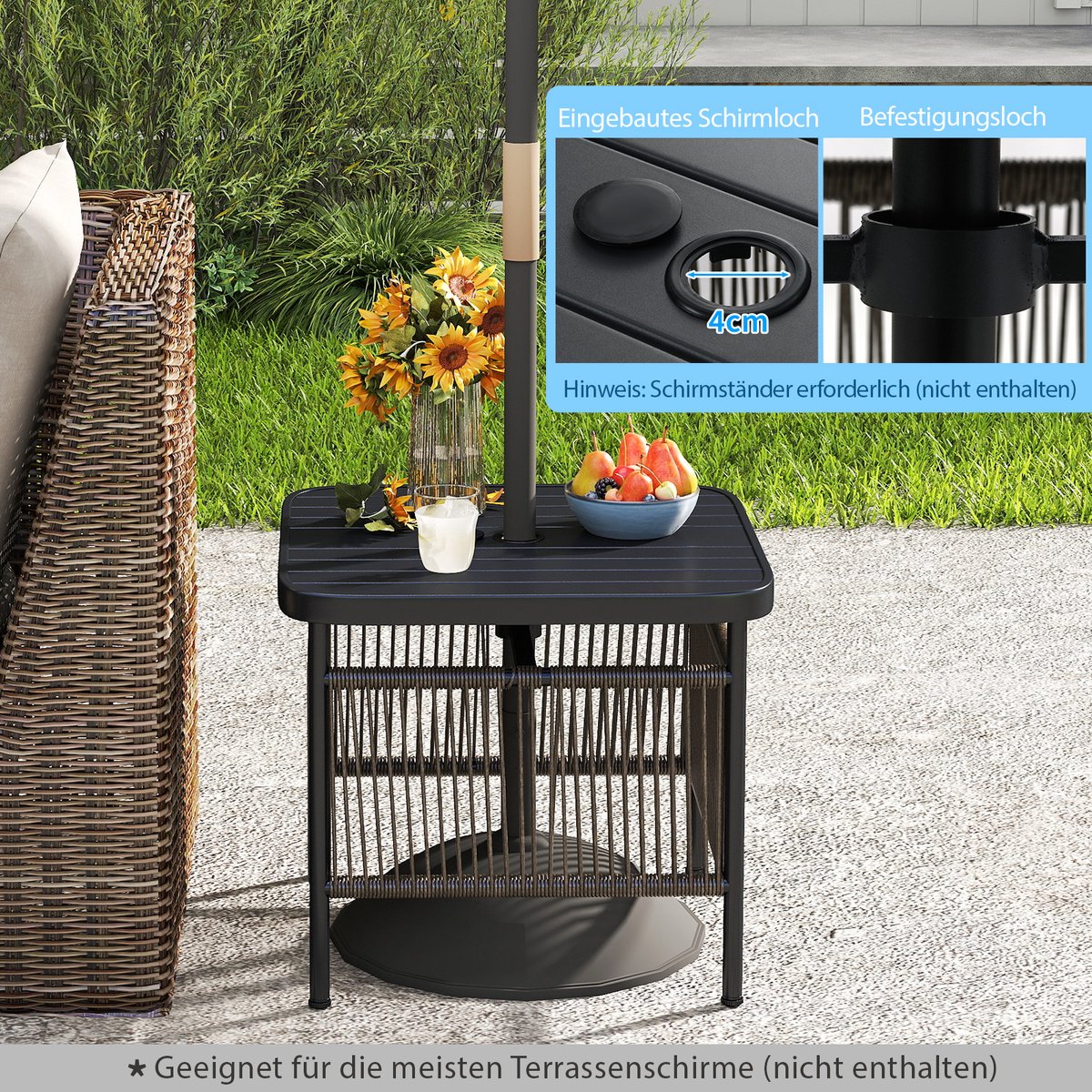 COSTWAY Bijzettafel voor buiten, weerbestendig, rotan tuintafel met paraplugat, kleine balkontafel, koffietafel voor tuin, balkon, terras, 56 x 56 x 49 cm thumbnail 2
