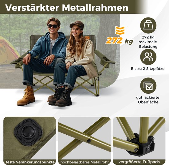 COSTWAY Campingstoel voor 2 personen, klapstoel met verstelbare armleuningen, bekerhouders en draagtas, 272 kg draagvermogen, campingbank, inklapbaar, vouwbank, visstoel voor camping, picknick, groen van Costway — afbeelding 2