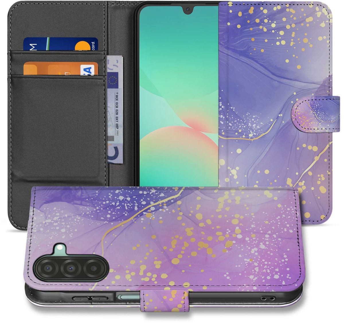 Watercolor Paars Hoesje Samsung Galaxy A17 PU-Leer Met 3 Pasjes