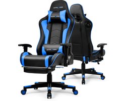 Fauteuil de jeu avec repose-pieds, enceinte Bluetooth, fauteuil musical, fauteuil d'ordinateur ergonomique, fauteuil de bureau, bleu