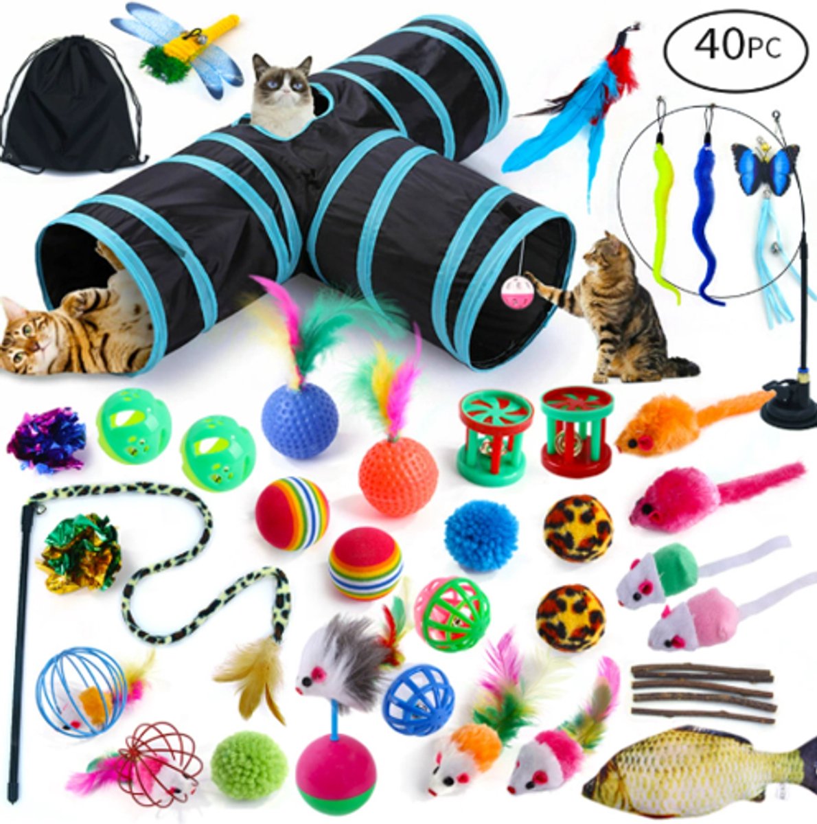 Kattenspeelgoed Set XL – 40 Delig – Interactief Katten Speelgoed – Speelmuizen, Balletjes, Veren & Jacht Speeltjes – Voor Kitten en Kat – Kattenhengel met veer – Kattentunnel – Binnen & Buiten – Cadeau voor je katten