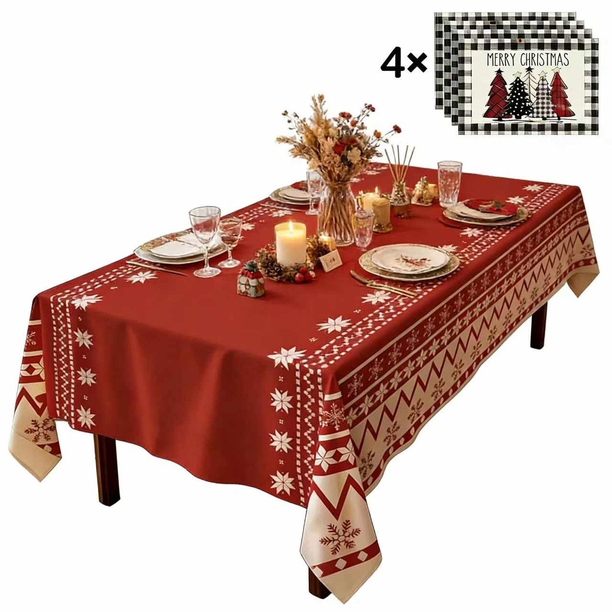 Meedeer Kerst tafelkleed-140x220cm+Kerst placemats set(4 Pcs)-Kerstdecoratie tafelkleed--Kersttafelkleed voor rechthoekige tafel-voor feestdagen, kerstfeest benodigdheden （Sneeuwvlokpatroon）