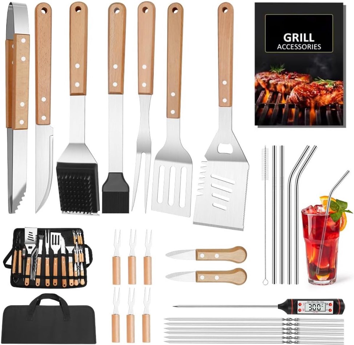 Stunq® BBQ Barbecue Bestek Gereedschapsset, 25-delige Barbecue Accessoires Cadeau voor Mannen Verjaardag met Grill Mat, Barbecue Gebruiksvoorwerpen, Barbecue Gereedschapsset voor Tuin en Camping voor Mannen en Vrouwen