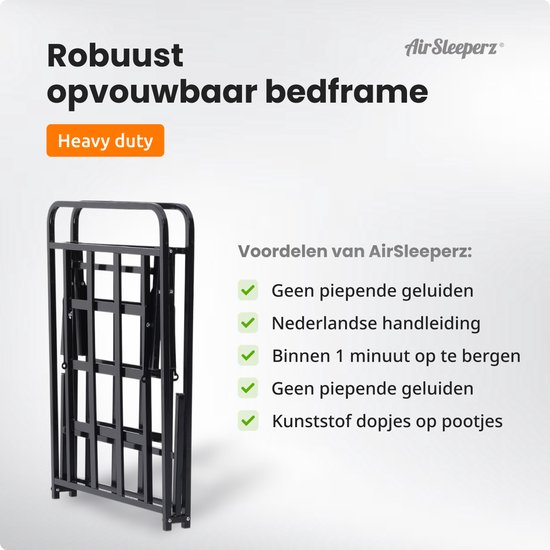 AirSleeperz® opvouwbaar Bedframe Joost Premium - Zwart - 90x200 cm - 1 persoons vouwbed - Heavy duty: draagkracht 130 kg