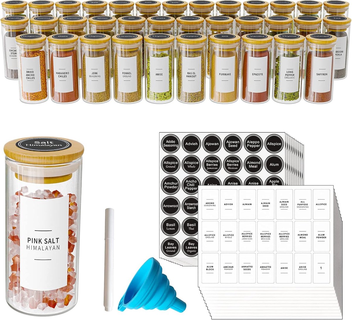 SpaceAid 36 Stuks Glas Kruidenpotten 4oz met Bamboe Deksels & Labels - Minimalistische Boerderijstijl + Trechter - Kruidenopbergers voor Kruidenrek, Kast of Ladekast
