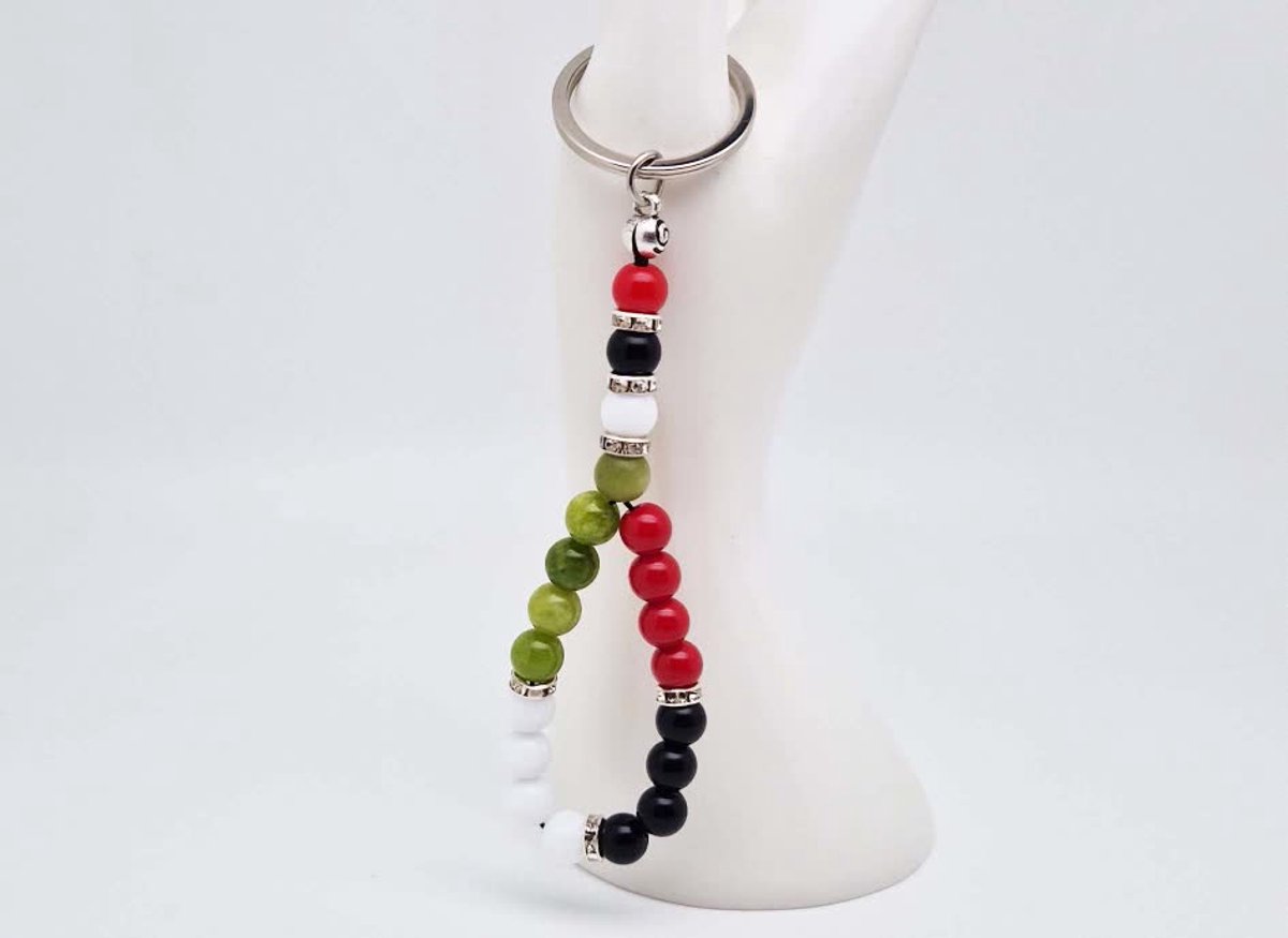 Handgemaakte Tasbih sleutelhanger van natuursteen "Kraal Koreaanse Jade-Witte Agaat-Obsidian Bloedkoraal" en metaal - diameter kralen 8mm - Aantal stenen 20 - Een mooi cadeau-idee en een bijzonder aandenken