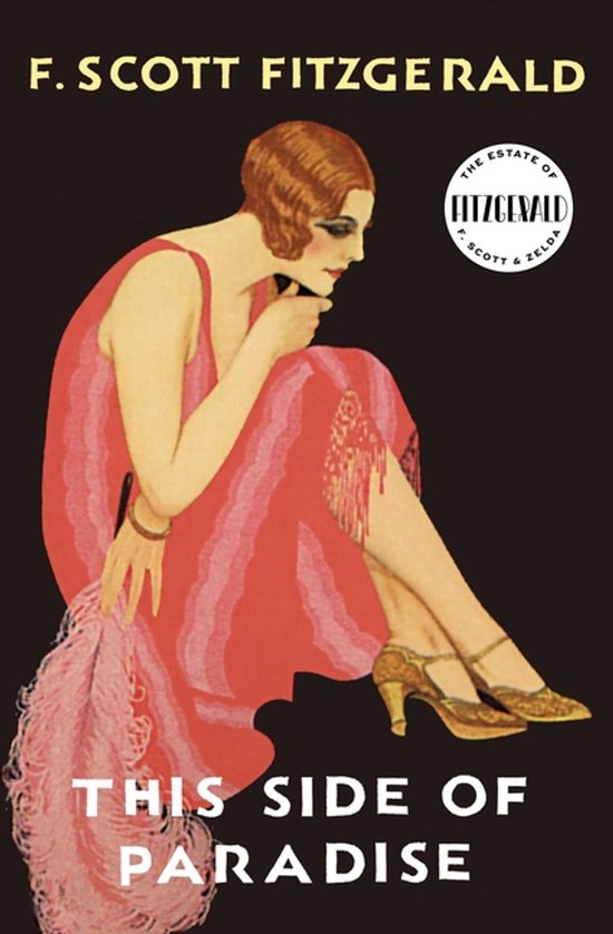 Boekomslag van "This Side of Paradise" met een illustration van een vrouw in een roze jurk, met een veer.