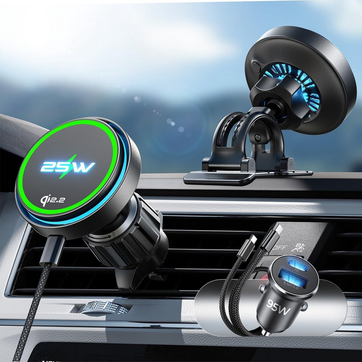 LiSen 25W Qi2.2 Magnetische Draadloze Autolader met Koelventilator – MagSafe Telefoonhouder voor iPhone 17/16/15/14/13/12 – Dashboard & Airvent Mount – Actieve Koeling – Snel Opladen – Inclusief 95W Autolader & USB-C Kabel