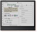 Zwart e-paper apparaat met gedetailleerde notities en een menu aan de rechterkant.