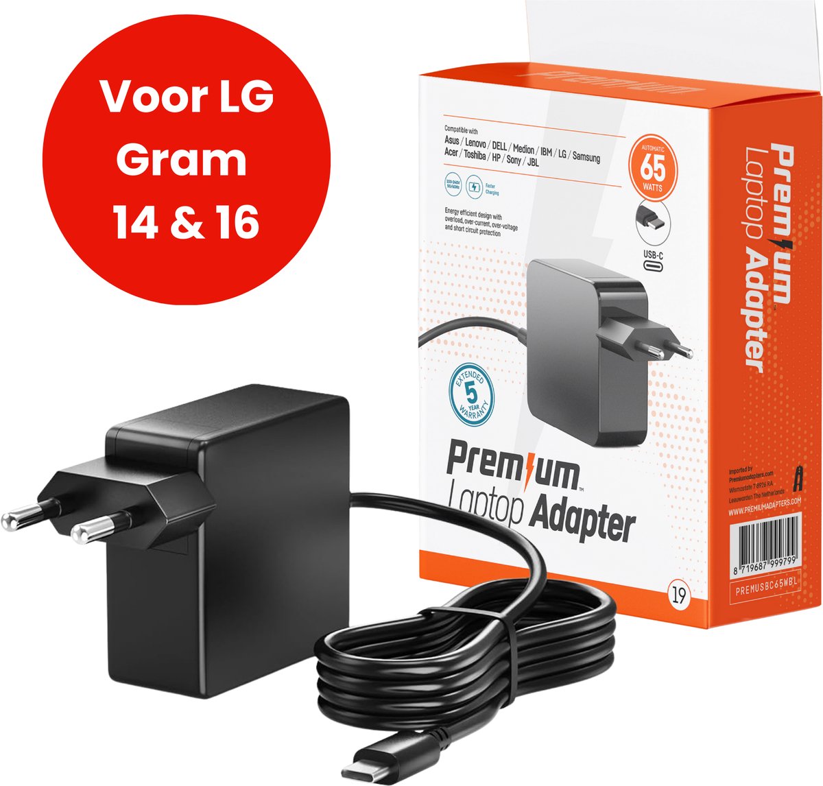 65W USB-C Laptop oplader voor LG gram 14 en 16 – Alle modellen vanaf 2018 – Kabel + Adapter
