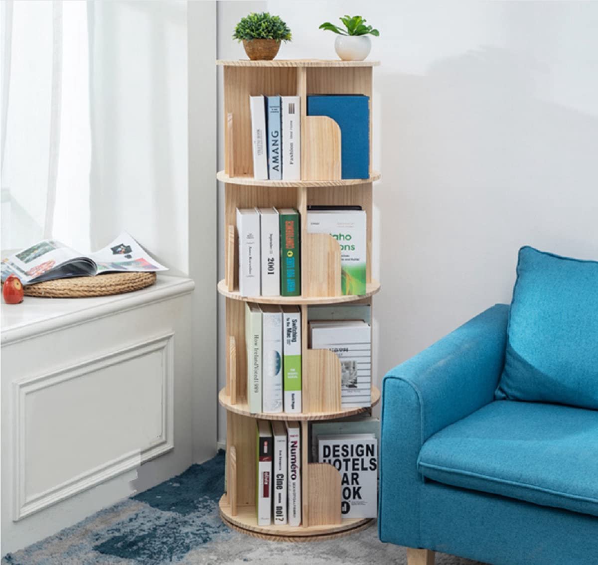 Ibenzoa Draaibare houten boekenkast met vier niveaus voor kinderen en volwassenen Naturel