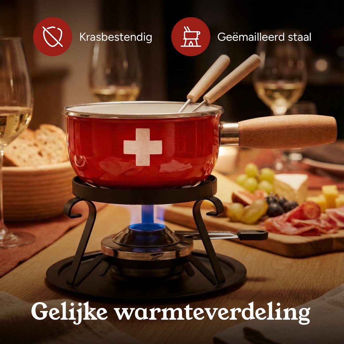 Nouvel Fondueset – Kaasfondue Set Geëmailleerd Staal - Fonduepan 1.5L - Incl. Fondue vorken - Inductie Geschikt – Compleet met Rechaud & Brander – Premium Zwitsers Design – foto 7