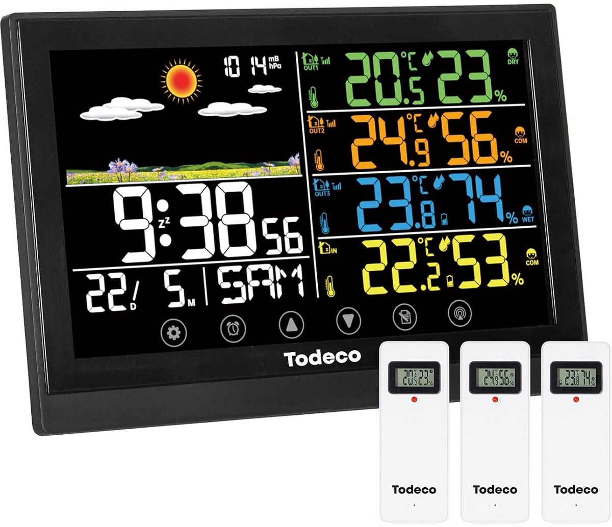 Draadloze Weerstations - Digitale Thermometer - Binnen en buiten - Drie buitensensoren - 20 cm breed - Zwart