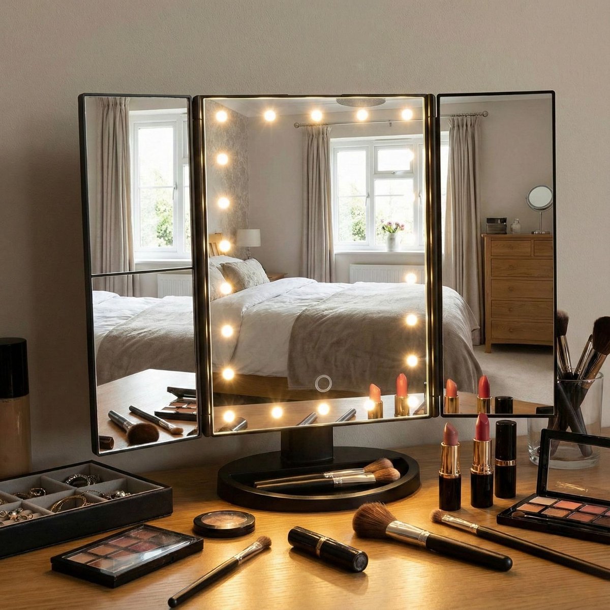 Bol.com FlinQ 4-in-1 Make-up Spiegel met verlichting - 3x Vergrotend - LED lampen en Dimbaar Licht - Vergrootspiegel voor Make U... aanbieding