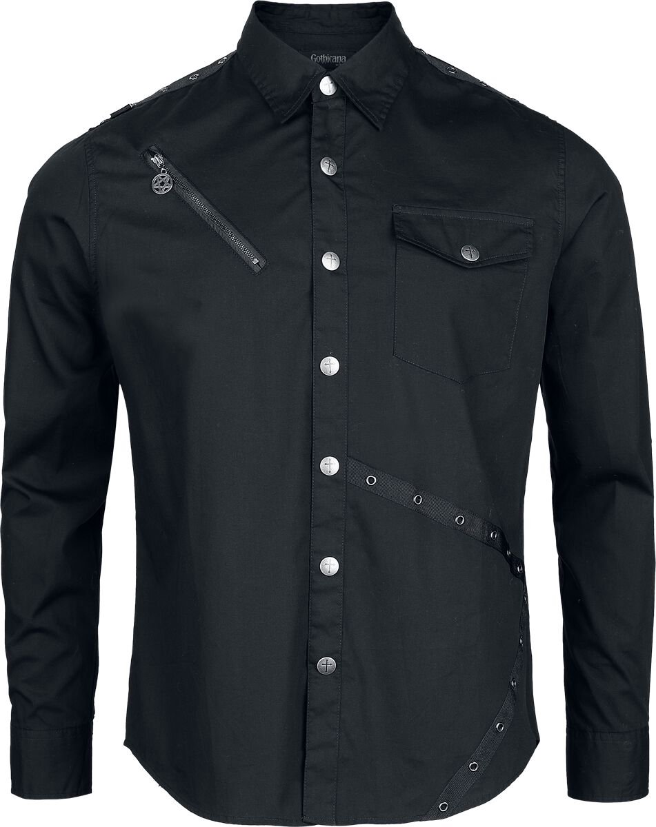 Gothicana Zwart shirt met lange mouwen met grote borstzak en schoudersluiting met oogjes - Heren - XL