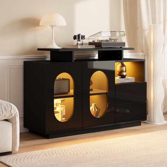 BLACKCOLORS Élégant dressoir LED noir avec portes vitrées ovales et façade haute brillance – combine un design moderne avec un espace de rangement pratique. Idéal comme vitrine, dressoir ou minibar pour les espaces de vie élégants.
