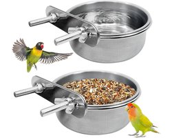 RVS Vogelkom met Klem Houder voor Kooi - Voer- en Waterbak voor Papegaai, Valkparkiet en Kleine Vogels (2 Stuks)