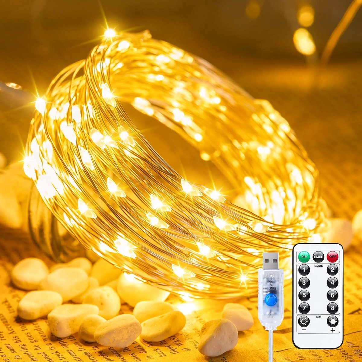 Fairy Lights, 10 meter lange 100 LED USB-plug-in lichtsnoer met afstandsbediening en timer, waterdicht, 8 standen, geschikt voor slaapkamer, binnen, krans, doe-het-zelf, feest, bruiloft, kerst, vakantiedecoratie