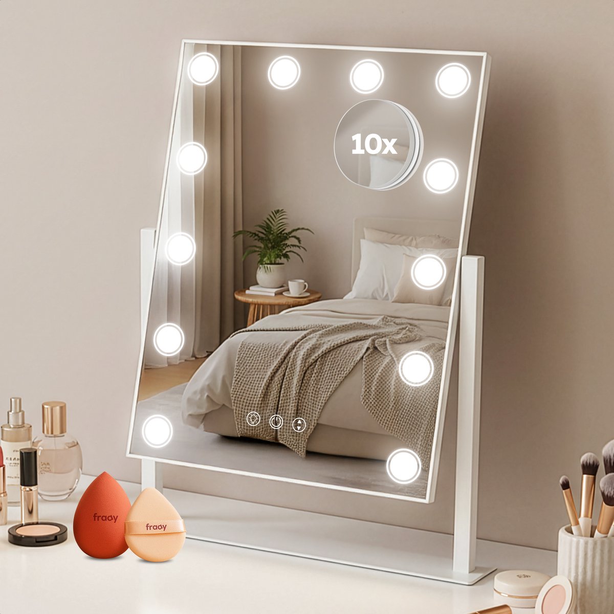 Fraay Hollywood Spiegel 41x30CM - met Beauty Blenders - 12x LED Lampen - 10x Vergroting - 3 Lichtstanden - Dimbaar - Smart Touch - Hollywood Spiegel met Verlichting - Spiegel met Verlichting - Make Up Spiegel - Visagie Spiegel - Vanity Mirror