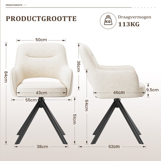 Afmetingen beige stoffen stoel met armleuningen. Zwart draaibaar onderstel met driepoot.