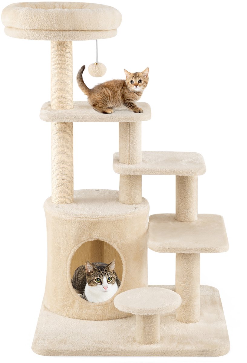 COSTWAY Krabpaal van hout, 102 cm, kattenboomhol, gevoerde zitstang, sisal-krabpalen & platforms, klimboom met 7 verdiepingen, kattenkrabpaal katten, beige