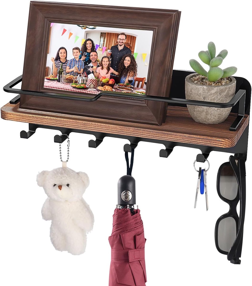 Sleutelrek - Sleutelrekje - Sleutelhouder - Wandrek - Met 7 Haken & Houten Plank - Zwart H